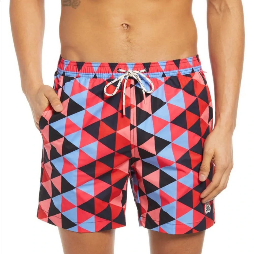 Psycho Bunny Red Blue Black Geometric Swim Trunks